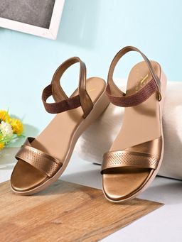 XE Looks - Copper Perforated Front Strap Cushioned Slingback Flat Sandal