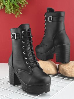 XE Looks - Black Womens Buckle Strap Lace-Up Ankle Boots