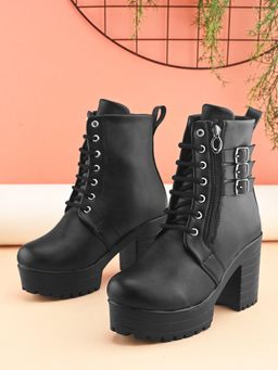 XE Looks - Black Womens Triple Buckle Lace-Up Ankle Boots