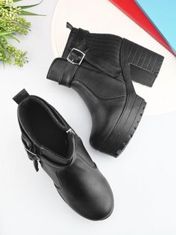 XE Looks - Black Womens Buckle Strap Ankle Boots