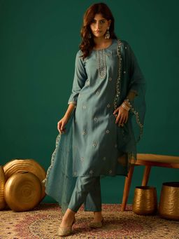 Varanga - Women Thread and Sequin Embroidered Yoke Kurta with Pant and Dupatta