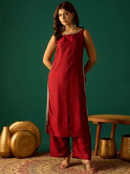 Varanga - Sleeveless Maroon Straight-Fit Kurta with Lace Work and Pant