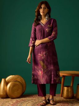 Varanga - Purple Elegant Floral Printed Straight-Fit Kurta and Pant