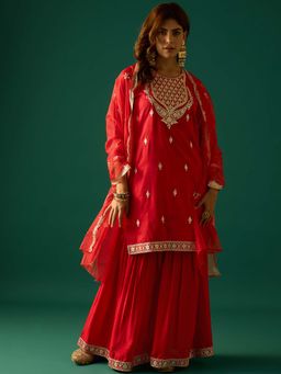 Varanga - Red Zari Work Kurta with Sharara and Dupatta