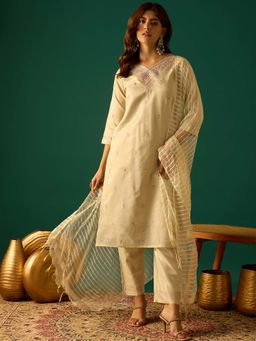 Varanga - Beige Zari-Embroidered Kurta with Pant and Dupatta