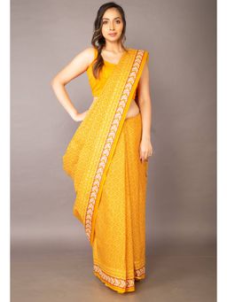 Unnati Silks - Yellow Pure Krisha Block Printed Cotton Saree with Unstitched Blouse