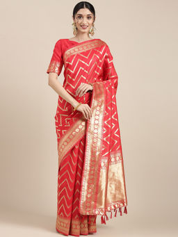 Sareemall - Womens Silk Blend Red Woven Design Celebrity Saree with Unstitched Blouse