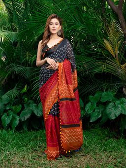 Beatitude - Black Orange Soft Pom Pom Saree with Unstitched Blouse