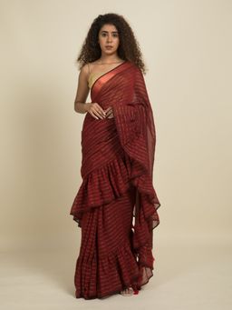 Suta - Maroon Zari Stripes Ruffle Saree