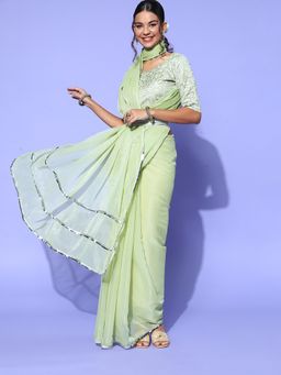 Akhilam - Women's Georgette Olive Embellished Belted Sarees with Unstitched Blouse
