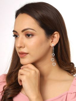 Yellow Chimes - Silver Tone Triple Heart Hanging Dangler Earrings