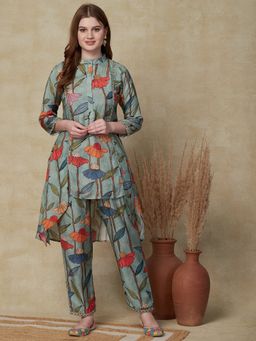 FASHOR - Floral Printed Kurta with Pants - Green (Set of 2)
