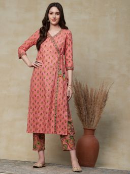 FASHOR - Floral Block Printed Angarkha Kurta with Floral Pants - Pink (Set of 2)
