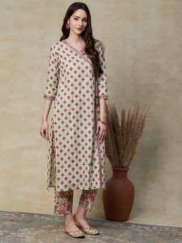FASHOR - Floral Block Printed Angarkha Kurta with Pants - Green (Set of 2)