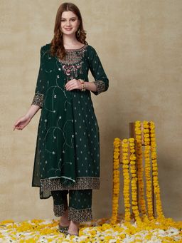 FASHOR - Woven Jacquard Kurta with Palazzo & Dupatta - Green (Set of 3)