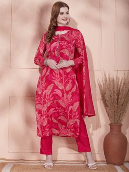 FASHOR - Embroidered Straight Kurta with Pant & Dupatta - Fuchsia (Set of 3)