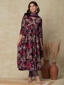 FASHOR - Printed Kurta with Pants & Dupatta - Dark Wine (Set of 3)