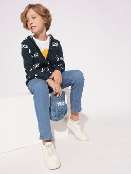 Jack & Jones Junior - Boys Typographic Regular Fit Hooded Navy Blue Sweater