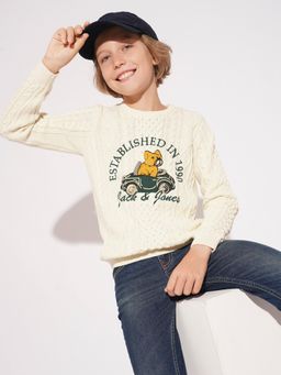 Jack & Jones Junior - Boys Printed Regular Fit Cream Sweater