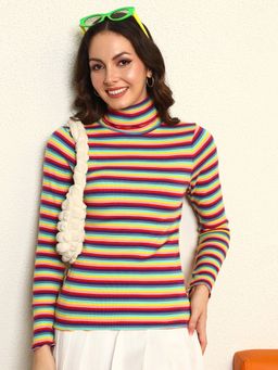 Tandul - Women Striped High neck Multicolor Sweater