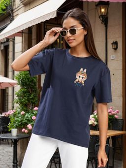 Bene Kleed - Women Graphic Oversized Navy Blue T-Shirt