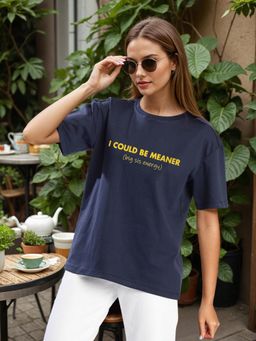 Bene Kleed - Women Graphic Oversize Navy Blue T-Shirt