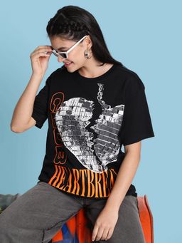 Bene Kleed - Women Heart Break Graphic Print Black T-Shirt