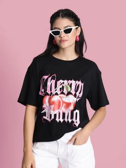 Bene Kleed - Women Cherry Bang Graphic Print Black T-Shirt