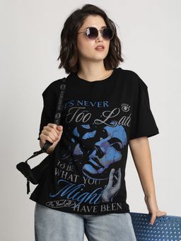 Bene Kleed - Women Graphic Print Oversize Black T-Shirt