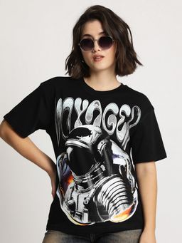 Bene Kleed - Women Graphic Print Oversize Black T-Shirt