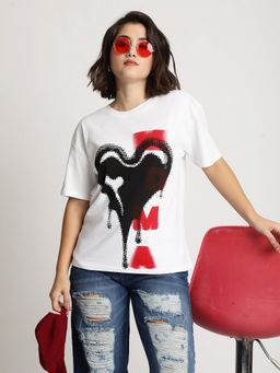 Bene Kleed - Women Graphic Print Oversize White T-Shirt