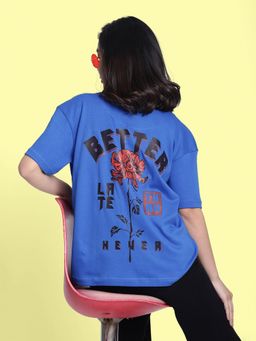 Bene Kleed - Women Graphic Print Oversize Blue T-Shirt