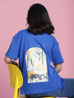 Bene Kleed - Women Graphic Print Oversize Blue T-Shirt