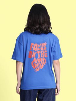 Bene Kleed - Women Typography Print Oversize Blue T-Shirt