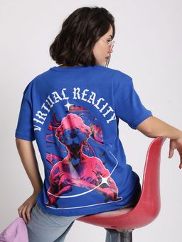 Bene Kleed - Women Graphic Print Oversize Blue T-Shirt