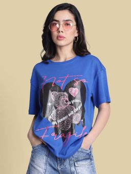 Bene Kleed - Women Graphic Print Oversize Blue T-Shirt