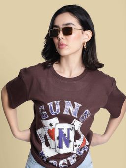 Bene Kleed - Women Graphic Print Oversize Brown T-Shirt