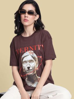 Bene Kleed - Women Graphic Print Oversize Brown T-Shirt