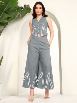 Deebaco - Women Grey Embroidered Waist Coat with Palazzo