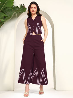 Deebaco - Women Wine Embroidered Waist Coat with Palazzo