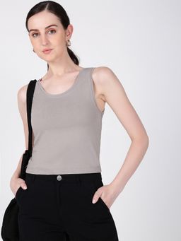 IVOC - Women Solid Cotton Sleeveless Crop Grey T-Shirt