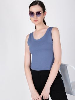 IVOC - Women Solid Cotton Sleeveless Crop Blue T-Shirt