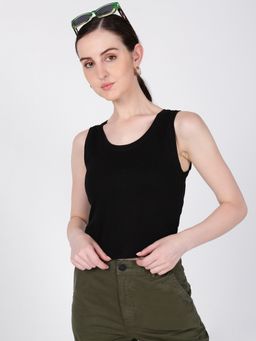 IVOC - Women Solid Cotton Sleeveless Crop Black T-Shirt