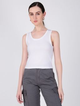IVOC - Women Solid Cotton Sleeveless Crop White T-Shirt