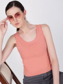 IVOC - Women Solid Cotton Sleeveless Crop Peach T-Shirt