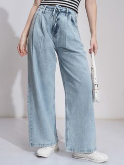 TOKYO TALKIES - Women Blue Cotton Solid Wide Jeans