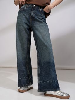 TOKYO TALKIES - Women Blue Cotton Solid Wide Jeans