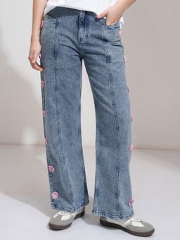TOKYO TALKIES - Women Blue Cotton Embellished Straight Jeans