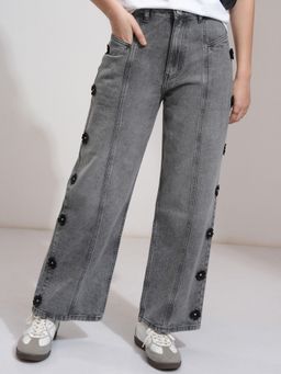 TOKYO TALKIES - Women Grey Cotton Embellished Straight Jeans