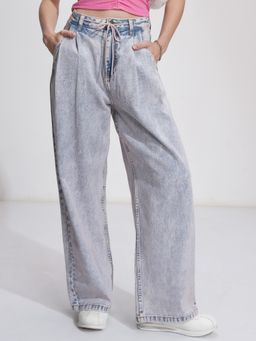 TOKYO TALKIES - Women Blue Cotton Solid Wide Jeans